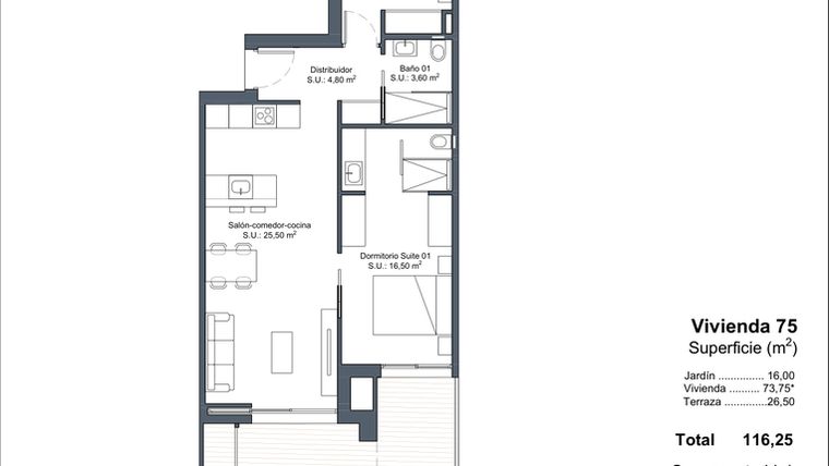 Rzut - Dom na sprzedaż 2 pokoje o powierzchni 116,25 m² - numer 0-75 w Domy w Ciudad Quesada - 18228363