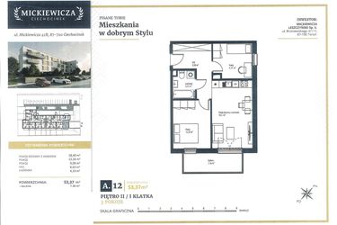 Rzut - Mieszkanie na sprzedaż 3 pokoje o powierzchni 53,37 m² - numer A12 w Mickiewicza