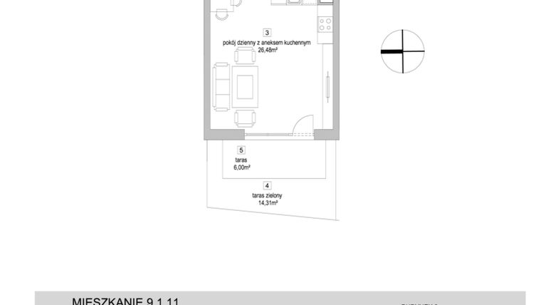 Rzut - Mieszkanie na sprzedaż 1 pokój o powierzchni 34,02 m² - numer 9.1.11 w Osiedle Przyjemne IV