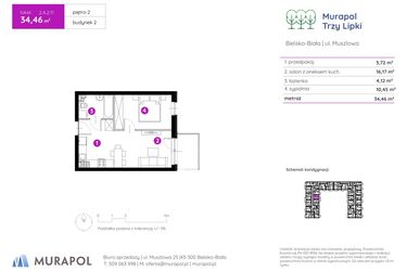 Rzut - Mieszkanie na sprzedaż 2 pokoje o powierzchni 34,46 m² - numer 2.A.2.11 w Murapol Trzy Lipki etap II