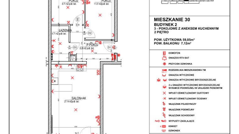 Rzut - Mieszkanie na sprzedaż 3 pokoje o powierzchni 59,85 m² - numer 2.30 w Osiedle 4 Pory Roku - Etap VII