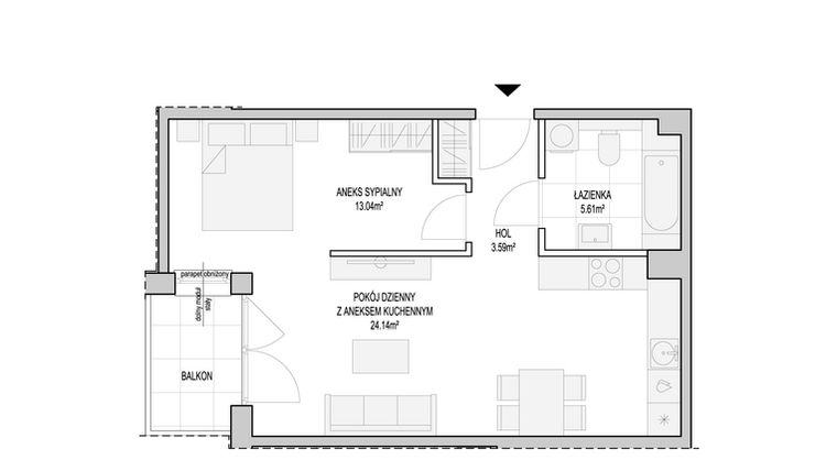 Rzut - Mieszkanie na sprzedaż 1 pokój o powierzchni 47,41 m² - numer WO/T/13/35 w Wiszące Ogrody
