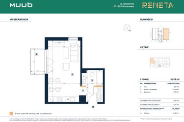 Rzut - Mieszkanie na sprzedaż 1 pokój o powierzchni 31,38 m² - numer M24 w Reneta