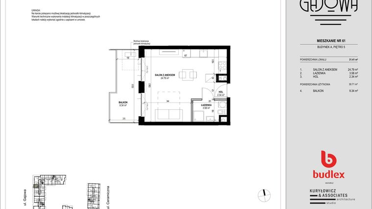 Rzut - Mieszkanie na sprzedaż 1 pokój o powierzchni 31,45 m² - numer 61 w Gajowa bud. A