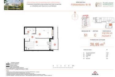 Rzut - Mieszkanie na sprzedaż 2 pokoje o powierzchni 36,95 m² - numer 18.51 w Osiedle Nowe Horyzonty etap II
