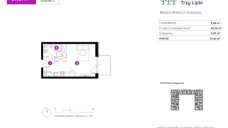 Rzut - Mieszkanie na sprzedaż 1 pokój o powierzchni 27,61 m² - numer 2.A.2.10 w Murapol Trzy Lipki etap II
