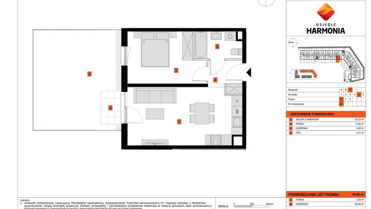 Rzut - Mieszkanie na sprzedaż 2 pokoje o powierzchni 39,66 m² - numer C.52 w Osiedle Harmonia