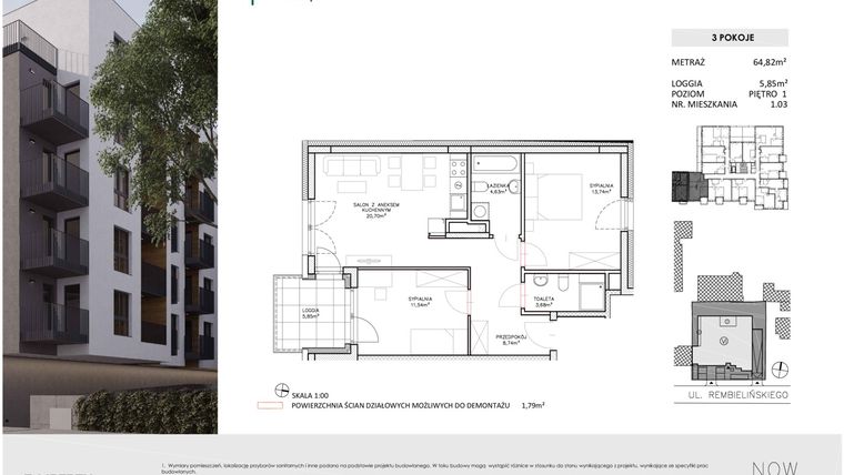 Rzut - Mieszkanie na sprzedaż 3 pokoje o powierzchni 64,82 m² - numer 1.03 w Poniatowski Park I