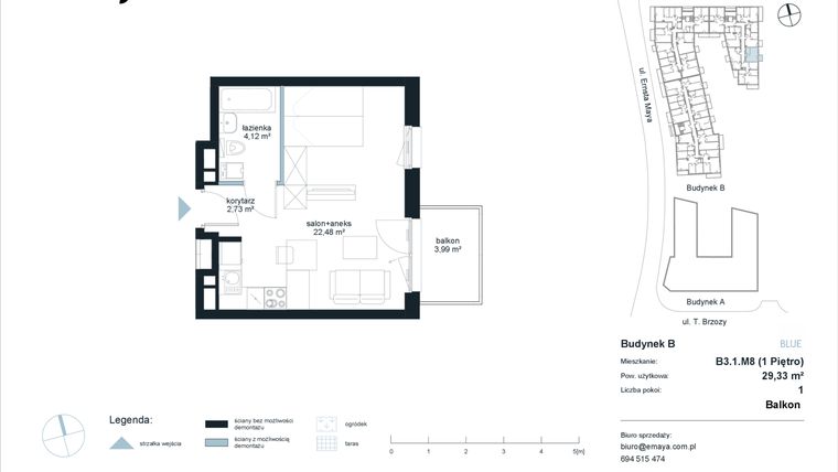 Rzut - Mieszkanie na sprzedaż 1 pokój o powierzchni 29,33 m² - numer B3.1.M8 w EMaya