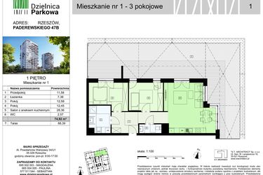 Rzut - Mieszkanie na sprzedaż 3 pokoje o powierzchni 74,92 m² - numer 1/B7 w Dzielnica Parkowa VII