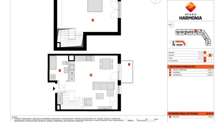Rzut - Mieszkanie na sprzedaż 1 pokój o powierzchni 64,39 m² - numer C.68 w Osiedle Harmonia