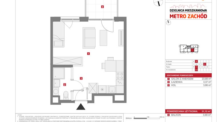 Rzut - Mieszkanie na sprzedaż 1 pokój o powierzchni 31,12 m² - numer 13.1.B.122 w Dzielnica Mieszkaniowa Metro Zachód - etap 13