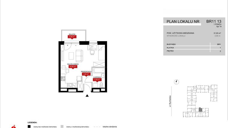 Rzut - Mieszkanie na sprzedaż 1 pokój o powierzchni 32,09 m² - numer BR11/13 w Browary Wrocławskie 2