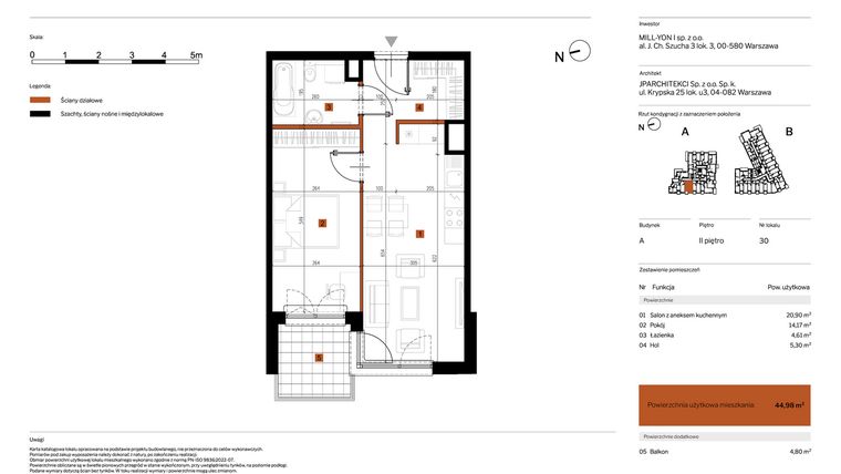 Rzut - Mieszkanie na sprzedaż 2 pokoje o powierzchni 44,98 m² - numer 30 w MY Głębocka