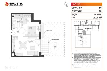 Rzut - Mieszkanie na sprzedaż 2 pokoje o powierzchni 38,99 m² - numer 64 w Locus 2 bud. B2