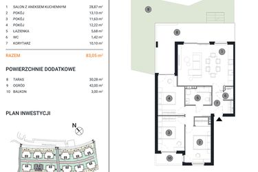 Rzut - Mieszkanie na sprzedaż 4 pokoje o powierzchni 83,05 m² - numer 12K.1 w Wille Miejskie Lekcyjna