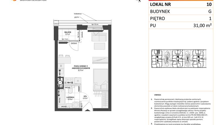 Rzut - Mieszkanie na sprzedaż 1 pokój o powierzchni 31 m² - numer G.10 w DOKI etap II (bud. G)