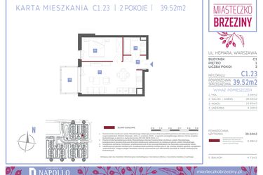 Rzut - Mieszkanie na sprzedaż 2 pokoje o powierzchni 39,52 m² - numer C1.23 w Miasteczko Brzeziny II