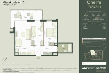 Rzut - Mieszkanie na sprzedaż 3 pokoje o powierzchni 52,58 m² - numer B1/10 w Onelife Powsin