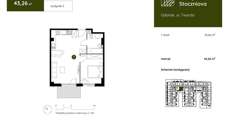 Rzut - Mieszkanie na sprzedaż 1 pokój o powierzchni 43,26 m² - numer 3.B.0.11 w Murapol Stoczniova