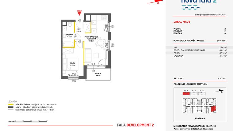 Rzut - Mieszkanie na sprzedaż 2 pokoje o powierzchni 36,46 m² - numer 26 w Miasteczko Nova Fala 2
