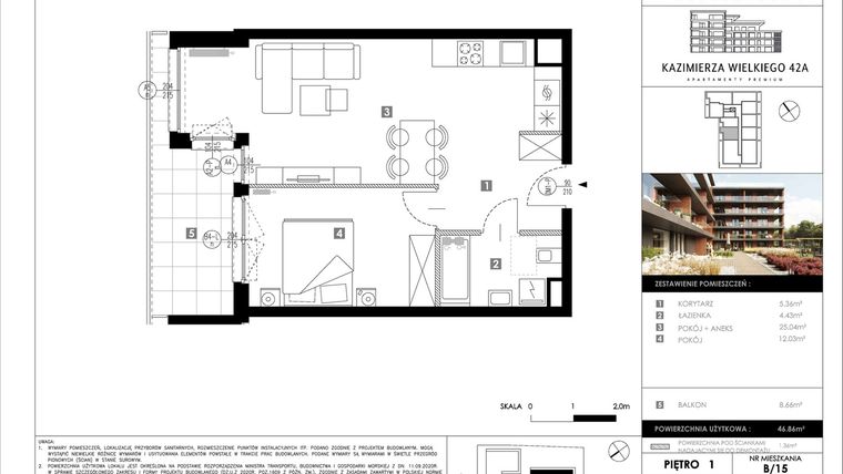 Rzut - Mieszkanie na sprzedaż 2 pokoje o powierzchni 46,86 m² - numer B15 w Kazimierza Wielkiego 42A etap II