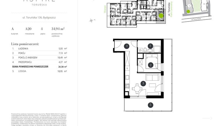 Rzut - Mieszkanie na sprzedaż 2 pokoje o powierzchni 34,94 m² - numer A.20 w Aspire