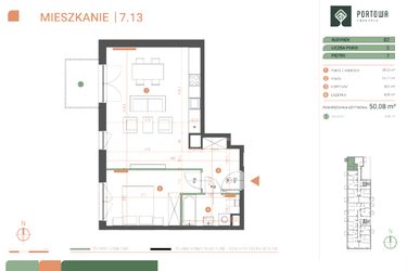 Rzut - Mieszkanie na sprzedaż 2 pokoje o powierzchni 50,08 m² - numer M.07.13 w Casa Feliz Portowa