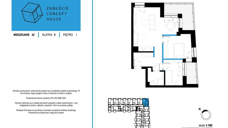 Rzut - Mieszkanie na sprzedaż 3 pokoje o powierzchni 57,93 m² - numer 42 w Zabłocie Concept House II