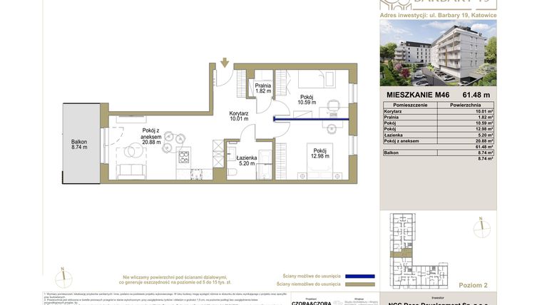 Rzut - Mieszkanie na sprzedaż 3 pokoje o powierzchni 61,48 m² - numer M46 w Barbary 19