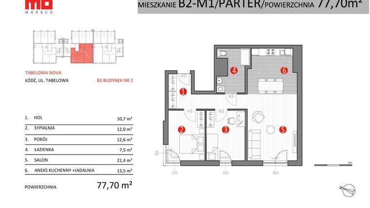 Rzut - Mieszkanie na sprzedaż 3 pokoje o powierzchni 77,7 m² - numer B2-M1 w Tabelowa NOVA
