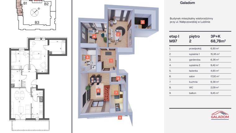 Rzut - Mieszkanie na sprzedaż 3 pokoje o powierzchni 68,78 m² - numer M-97 w Nałęczowska