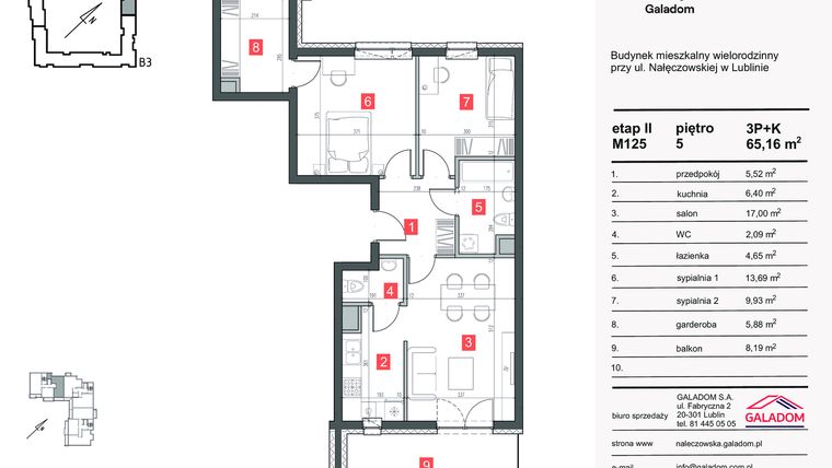Rzut - Mieszkanie na sprzedaż 3 pokoje o powierzchni 65,16 m² - numer M-125 w Nałęczowska etap II