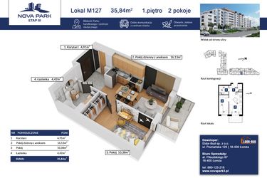 Rzut - Mieszkanie na sprzedaż 2 pokoje o powierzchni 35,84 m² - numer 127 w Nova Park etap III