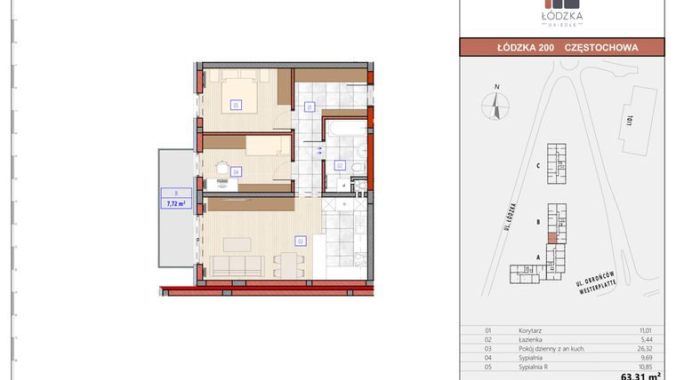 Rzut - Mieszkanie na sprzedaż 3 pokoje o powierzchni 63,63 m² - numer B.M.13 w Łódzka Osiedle