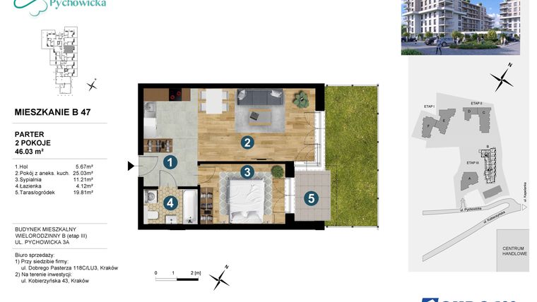 Rzut - Mieszkanie na sprzedaż 2 pokoje o powierzchni 46,03 m² - numer B47 w Kapelanka-Pychowicka Etap III
