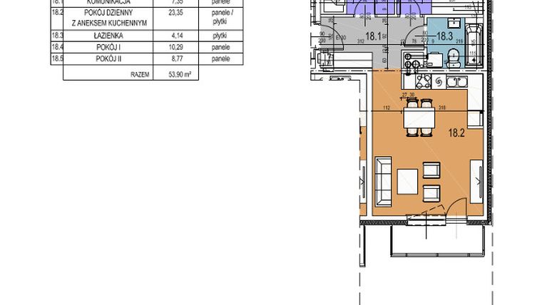 Rzut - Mieszkanie na sprzedaż 3 pokoje o powierzchni 53,9 m² - numer 3.2/18 w Baczyńskiego