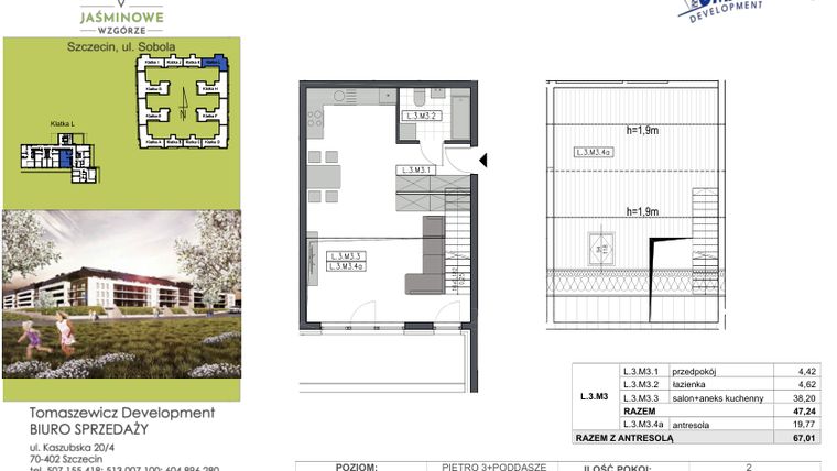 Rzut - Mieszkanie na sprzedaż 2 pokoje o powierzchni 67,01 m² - numer L.3.M3 w Jaśminowe Wzgórze - etap II