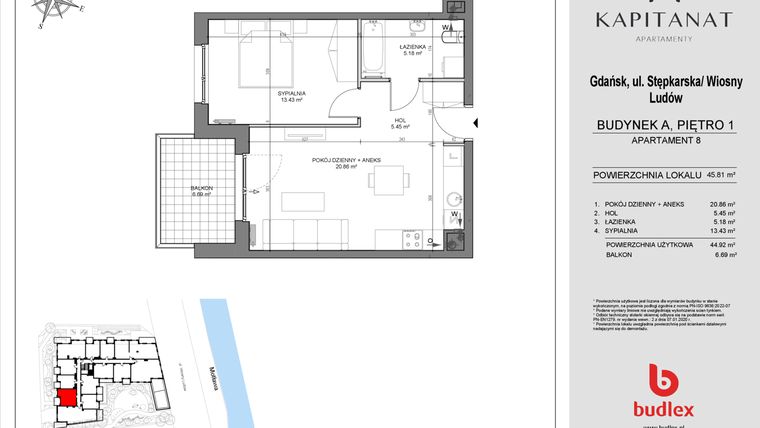 Rzut - Mieszkanie na sprzedaż 2 pokoje o powierzchni 44,92 m² - numer A8 w Kapitanat A