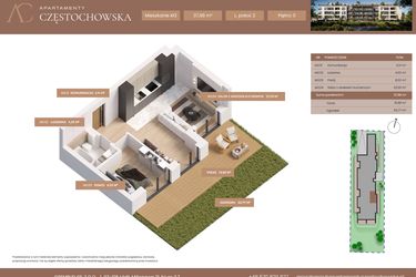 Rzut - Mieszkanie na sprzedaż 2 pokoje o powierzchni 37,98 m² - numer 3 w Apartamenty Częstochowska