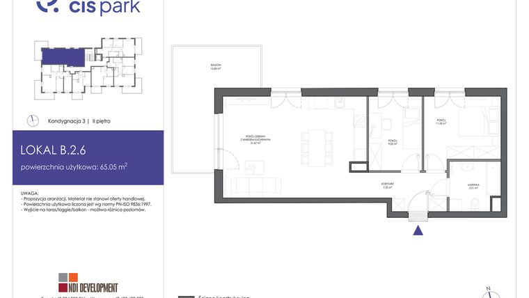 Rzut - Mieszkanie na sprzedaż 3 pokoje o powierzchni 65,05 m² - numer B.2.6 w CIS Park