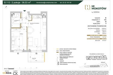 Rzut - Mieszkanie na sprzedaż 2 pokoje o powierzchni 36,57 m² - numer A1.B.113 w Hi Mokotów