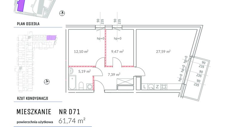 Rzut - Mieszkanie na sprzedaż 3 pokoje o powierzchni 61,74 m² - numer D71 w Osiedle Impresja 2