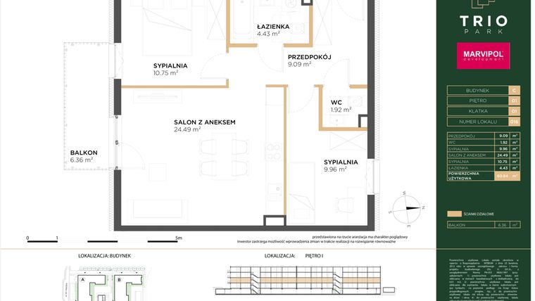 Rzut - Mieszkanie na sprzedaż 3 pokoje o powierzchni 60,64 m² - numer C016 w Trio Park bud. C