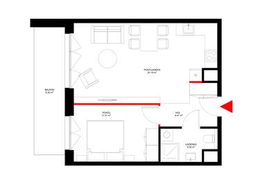 Rzut - Mieszkanie na sprzedaż 2 pokoje o powierzchni 44,99 m² - numer F.5.1 w INSPIRE ETAP V – bud. F, G