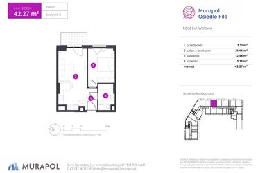 Rzut - Mieszkanie na sprzedaż 2 pokoje o powierzchni 42,27 m² - numer 2.C.0.04 w Murapol Osiedle Filo etap II