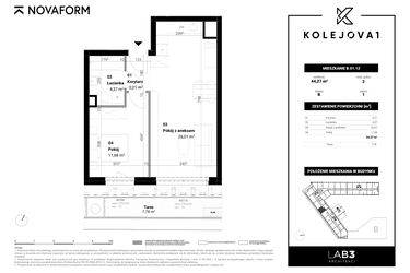 Rzut - Mieszkanie na sprzedaż 2 pokoje o powierzchni 44,27 m² - numer B-01-12 w Kolejova 1