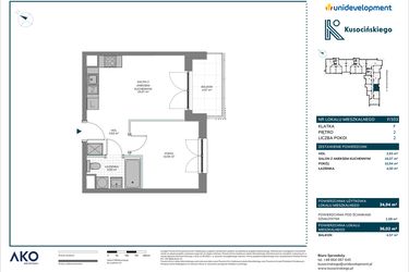Rzut - Mieszkanie na sprzedaż 1 pokój o powierzchni 36,02 m² - numer F/103 w Kusocińskiego - Budynek B