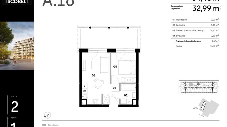 Rzut - Mieszkanie na sprzedaż 2 pokoje o powierzchni 34,46 m² - numer A.16 w Browar HUGO SCOBEL