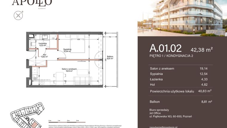 Rzut - Mieszkanie na sprzedaż 2 pokoje o powierzchni 42,38 m² - numer A.1.02 w Apollo Residence